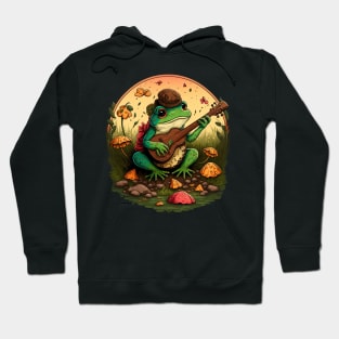 Cottagecore aesthetic cute frog playing ukelele on Mushroom Hoodie